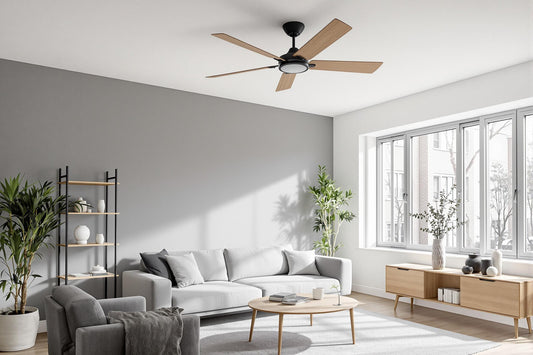 Ventilateur plafond design : noir avec pales en bois pour salon ou chambre